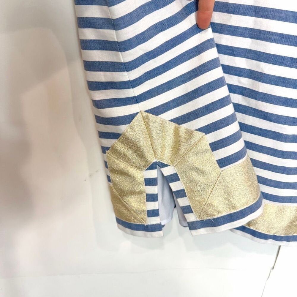 Eliza J Dress 16 Blue White Stripe Nautical Gold V Neck Cotton Mini Tunic short - Picture 7 of 16